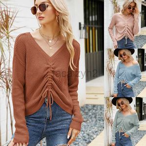 Women's Sweaters Outwear versatile top with drawstring irregular solid color knit shirt Sexy V-neck long sleeved sweater fashion T Shirt tops