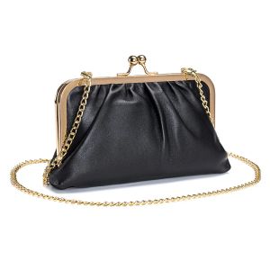 Väskor Vintage äkta läderkvinnor Clip Bag Luxury Kiss Lock Clutch Purse Fashion Female Chain Crossbody Väskor Små kvällskopplingar