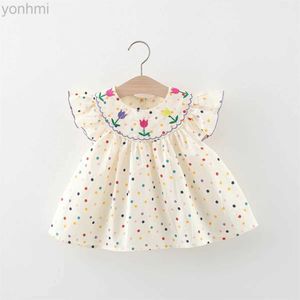 女の子のドレス新しいかわいい女の子のドレス甘いバラ刺繍小さな丸いドット韓国語バージョンルーズバブルスリーブコットンビーチスカートD240423