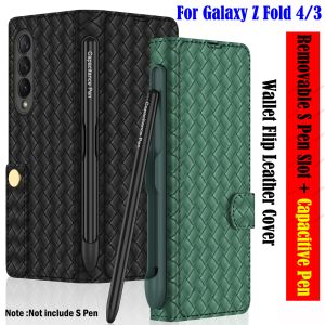 Brieftaschen falten 4 Weben Flip Leder Brieftasche Hülle Abdeckung für Samsung Galaxy Z Fold 3 4 5G Hülle Abnehmbarer S -Stiftschlitz mit Kapazitätsstift