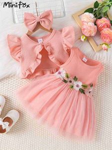 Flickans klänningar Prowow Baby Dresses With Coat Pink Waffles Cardigan and Brodery Dress Princess Birthday Party Dress for Girls Baby Kids D240419