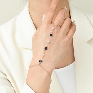 Link Bracelets QIAMNI Elegant Simulation Pearl Hand Chain Set Ring Bracelet Tassel Crystal Finger Bangle Bohemian Jewelry For Women Girls