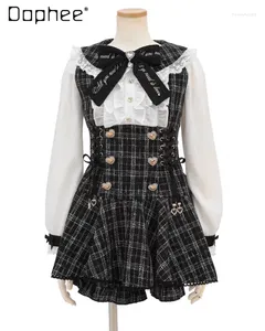 Arbeitskleider Lolita Lolita Set Mine Style Long Sleeve Bug Spürhirts für Womne und süße Frau mit hoher Taille-Shorts zweiteiliger Anzug