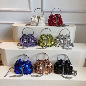 Drawstring Mini Sequin Shoulder Bag Fashion Bucket Shiny Handbags Tassel Underarm Chain Crossbody Bags With Round Handle For Women Girl