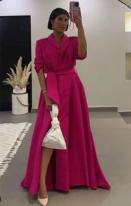 Festklänningar vintage långärmad fuchsia satin aftonklänning med fickor a-line v-hals golvlängd dragkedja bakformiga klänningar för kvinnor