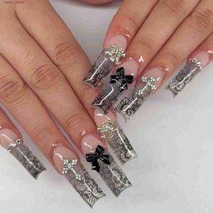 Fałszywe paznokcie 24PCS Długie kwadratowe Fałszywe paznokcie z perłową noszeniem balet Fałsz paznokcie BOW BOW Flower Design Różowe francuskie prasa na paznokcie Pełne paznokcie