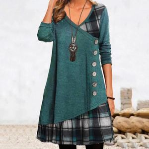 Casual Dresses Plaid Spliced For Women Fashion Autumn Spring Female Vintage Button Long Sleeve Loose V-Neck Patchwork Dress