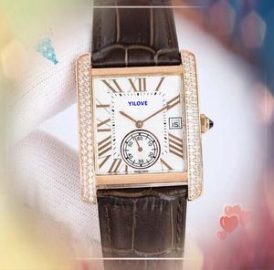Square Roman Tank Men's Watch Shiny Starry Two Line Diamonds Ring Quartz Chronograph Military President Good Looking Cow Leather Iced Out Rose Gold Silver Watches