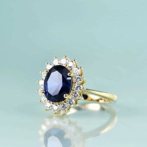 Ring Solitaire Ring Gem'in Güzellik Prensesi Diana Inspired Beyan Nişan Yüzük 14K Altın Dolgulu Gümüş Laboratuar Blue Sapphire Bi