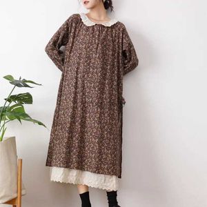 Basic lässige Kleider japanische Kleider für Frauen für Frauen Mädchen Süßes Puppenkragen Langarm Langarm Blumendruck losen Strand Vintage Langes Kleid mit Spitzenkanten 240419