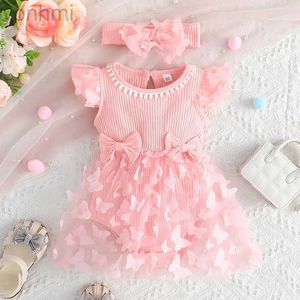 Vestido de vestidos de menina para crianças de 0 a 18 meses de aniversário de manga de borboleta rosa Tulle Princess Formal Dresses ootd para recém-nascido bebê menina d240423