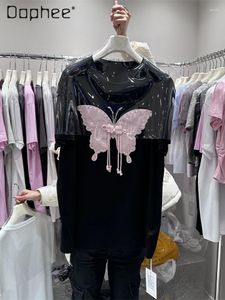 Women's T Shirts Fashion Pearl Butterfly Embroidered Half Sleep Top 2024 Summer Rhinestone Loose Cotton Mid-Length Short Sleeve T-shirt