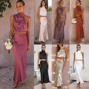 Frauen eleganter ärmellose Flecken Rock Set Frühlings Sommer Lady Casual Party Langes zweiteiliges Kleid 240417