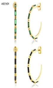 Andywen 925 Sterling Silver Gold 19mm Big Hoops Square Zircon Green Black Piercing Earring Rock Punk Gioielli di grandi dimensioni 2106087384772