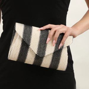 Wallets WiovenStraw Day Cluches for Phone Wallet Purse and Handbags Straw Striped Shoulder Bag Elegant Wedding Party Bride Evening Bag