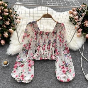 Розовая цветочная печать шифоновая квадратная воротника фонаря рукава женская блузя рубашка корейская одежда для женской одежды лето 240412