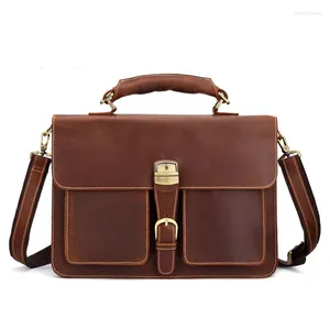 Briefcases Fashion Retro Large Capacity Leather Mens Briefcase Top Layer Laptop Bag Crazy Horse Skin 15 Inch Computer Messenger