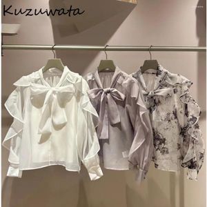 Women's Blouses Kuzuwata Sweet V Neck Butterfly Sleeve Print Shirt Voile Elegant Lace Up Bow All-match Japan French Style Blusas