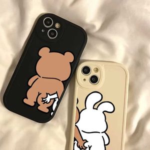 Obudowy telefonu komórkowego Zabawny kreskówka Pink Button Bear Rabbit Podwójny telefon odpowiednia dla iPhone'a 14 13 12 15 11 Pro Max Mini 7 8 Plus SE X XR XS Max Miękka pokrywa J240418