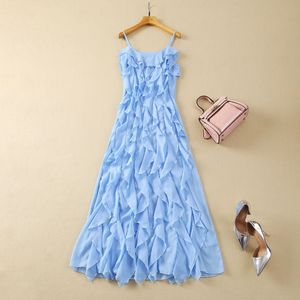 Summer Sky Blue Solid Color Ruffle Dress Spaghetti Strap Scoop Neckline Purple Panelled Long Maxi Casual Dresses S4F210221