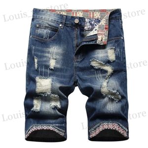 Men's Shorts Vintage Blue Mens Torn Jeans Flag Spliced Straight Fit Denim Shorts Ripped Holes Kn Length Stretchy Short Jeans Cowboy T240419
