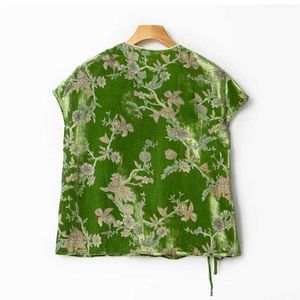 New Chinese Style Short Sleeved Green Lace Up Printed Shirt