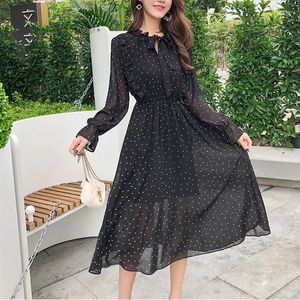 Lässige Kleider eleganter Dot Print Flare Sleeve Frauen Langes Frühling Ruffle Patchwork Schnürchiffon Kleid Party Damen Schwarz