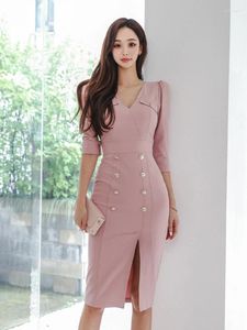 Casual Dresses Spring Autumn Ladies Work Style Formal Pencil Women Mujer Elegant Office Commute Sexig V-ringning Wrap Hip Dress Vestidos