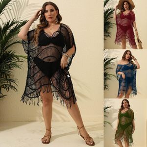 Seaside Beach kjol plus storlek kvinnor sexig se genom tofs stitching bikini blus klänning