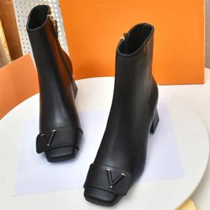 Women Ankle Boots Classic Prints Cowskin Leather Booties Designer Shake Boot 5.5CM Chunky Heels Square Toe Black Party Shoes with box