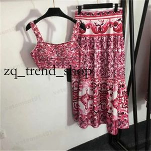 Summer Dress Two Piece Set Women Clothing Majolica Floral Vintage Print SMOCKED CAMISOLE TOP OCH HÖG MIDED PLECATED HALV KOT SETS Designer Kjolar Suit 4 87