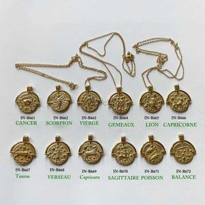 Pendant Necklaces 1PC 100% Authentic 925 Sterling silver Gold Baroque constellation Libra cancer Disc Coin Necklace Pendant Fine jEWELRY tlx551 240419