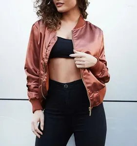 Women's Jackets Classic Women Flight Army Biker Satin Coat Retro Bomber Jacket Summer Tops Long Sleeve Stand Collar Zipper Casual