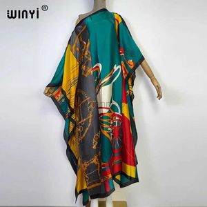 Podstawowe sukienki swobodne Winyi Africa Silk Feeling Beach Cover Up Elegancki boho Odzież Kącika Kaftan Kaftan Wakacje Kobiety świąteczne sukienka Kaftan 240419