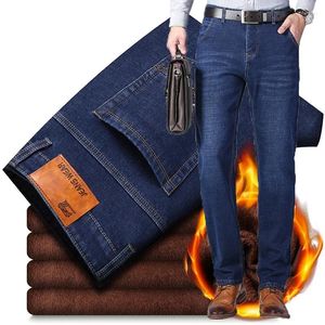 Mäns jeans 2024 män mode vinter svart färg smal fit stretch tjock sammet byxor varm denim casual fleece byxor man