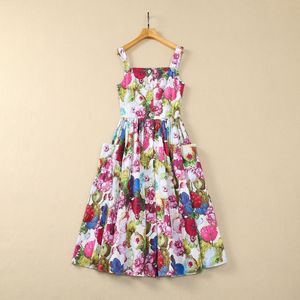 Summer Multicolor Floral Print Paneled Dress Spaghetti Strap slash Neck Double Pockets Midi Casual Dresses S4M110306 Plus Size XXL