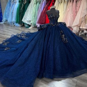 Navy blue princess quinceanera dresses sparkly sweetheart glitter sequins prom ball gown quinceanera lace up back appliqued Sweet 15 Masquerade Dress