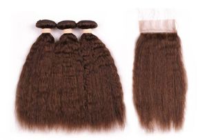 4 Chocolate Brown grov yaki Human Hair Spets Front Stängning 4x4 med väver medium brun malaysisk kinky rak mänskligt hår bund7215611