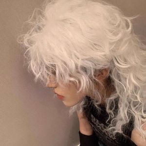 human curly wigs Super Cool Personalized Fashionable Halloween Little Devil White Wool Roll Full Head Medium Length Fake Hair Set