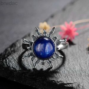 Solitaire Ring Natural Kyanite Ring 925 Sterling Silver Jewelry Ring for Women Men Sun Shape Vintage Finger Ring Party Luxury Gift d240419