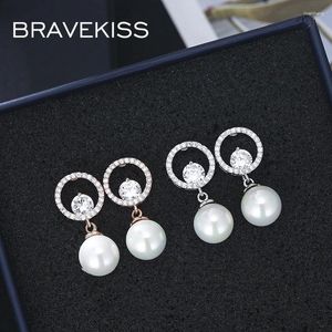 Stud Earrings Bravekiss Round Elegant Dangle Pearl White Rhinestone Drop For Women Luxury Fashion Jewelry Oorbellen Hangers UE0844