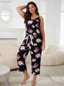 Damskie sleep salon plus size v szyja kobiety piżama zestaw bez rękawów kwiatowy top elastyczna talia sznurka sznurka capri press żeńska 2 -częściowa odzież nocna D240419