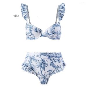 Kvinnors badkläder Bohemian Tryckt baddräkt Kvinnor Split Bohemia Style Ruffle Sleeve Bandeau Bra High midjan Swim Set Floral For Beach Best 1642