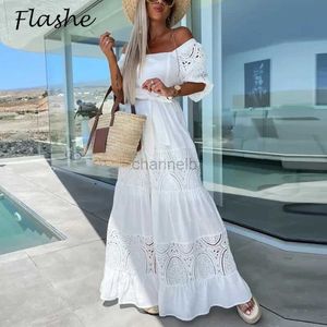 Grundläggande avslappnade klänningar Nya Böhmenklänningar för kvinnor Elegant Beach Party Dress White Short Sleeve A-Line Lace Long Dress Women Maxi Dresses 240419