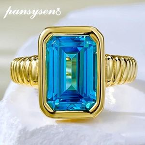 Cluster Rings PANSYSEN 925 Sterling Silver 8x12MM Emerald Cut Created Aquamarine Ring 18K Gold Plated Cocktail Party Fine Jewelry Wholesale