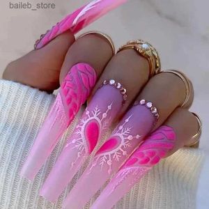 False Nails 24Pcs False Nails with Glue Artificial Ballet Fake Nails with Blue Rhinestone Long Coffin Press on Nails Finished Fingernail tip Y240419