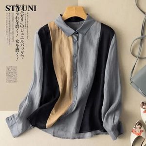 Patchwork gestreiftes Vintage -Wäsche Single Breasted Long Sleeve Damenbluse Hemd Korean Mode Lose weibliche Kleidung Tops 240407