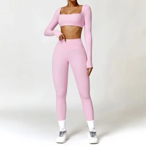 Women Tracksuit Yoga Set 2PCS Sportswear Workout Clothes Athletic Wear Gym Legging Fitness Bra Crop Top Long Sleeve Sports Suits 240407