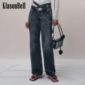 Women's Jeans 4.2 KlasonBell High Street Chic Criss-Cross Sashes Flower Design Washed Denim Pants Low Waist All-matches Straight