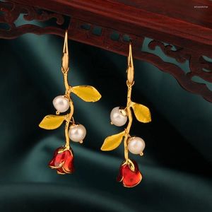 Dangle Earrings Mywiny Original Fashion Vintage Golden Cloisonne Rose Flowers Flash Water Pearls Ethnic Jewelry For Women